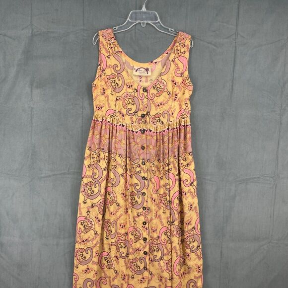 Rainow Jo Of Maui Hawaii Midi Dress Womens Small Lizard Tan Pink Button Boho - Picture 1 of 13